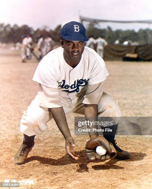 American baseball player Jackie Robinson of the Brooklyn Dodgers poses for a portrait, circa 1947