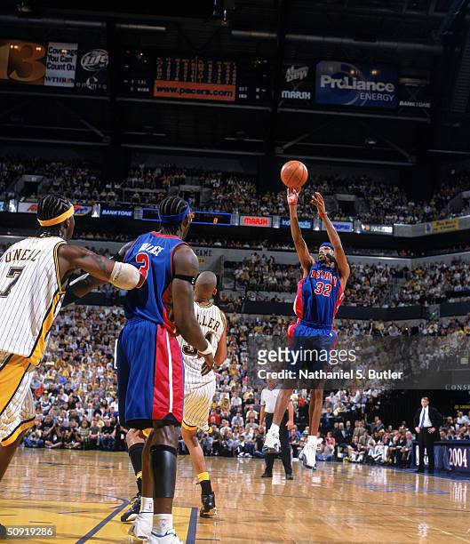 Richard Hamilton of the Detroit Pistons takes a jump shot in Game one of the Eastern Conference Finals against the Indiana Pacers during the 2004 NBA...