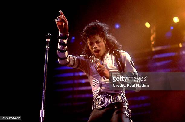 American musician Michael Jackson performs onstage at the Rosemont Horizon during his 'BAD' tour, Rosemont, Illinois, April 19, 1988.