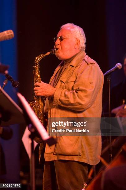 American Jazz musician Lee Konitz plays saxophone as he performs onstage during the Chicago Jazz Festival at Grant Park's Petrillo bandshell,...