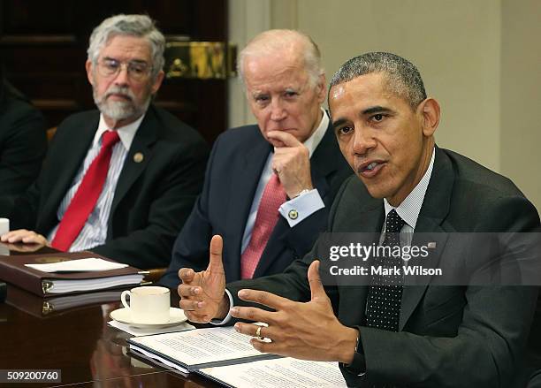 President Barack Obama speaks to the media during a meeting with members of his national security team, and cybersecurity advisors in the Roosevelt...