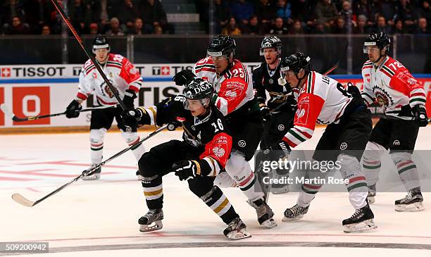 Sebastian Aho of Oulu and Oliver Lauridsen of Gothenburg battle for the puck during the Champions Hockey League final game between Karpat Oulu and...