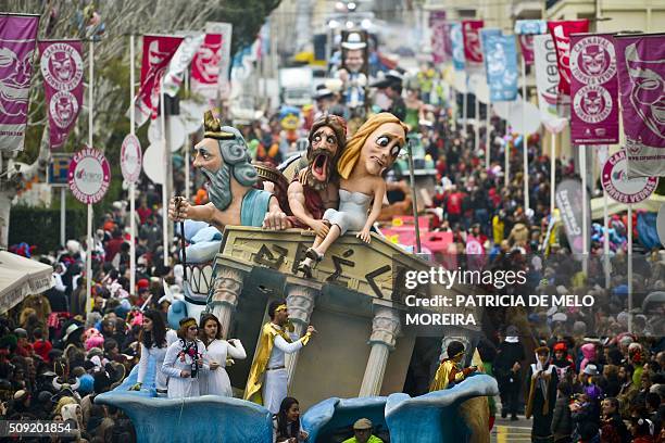 Carnival float representing the Greek economic situation is towed during the annual parade in Torres Vedras on February 9, 2016. The Torres Vedras...