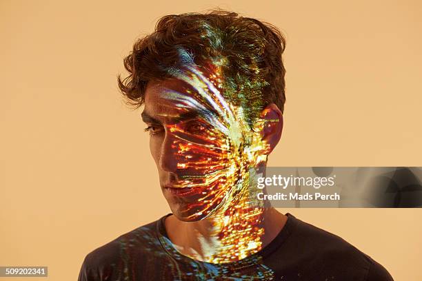 young man with cityscape reflected on to him - blank image stock pictures, royalty-free photos & images