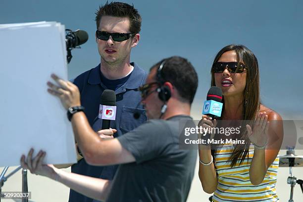 S Damien Fahey and Vanessa Minnillo attends MTV's " TRL Beach House: Summer on the Run" on June 2, 2004 in Long Beach, California.