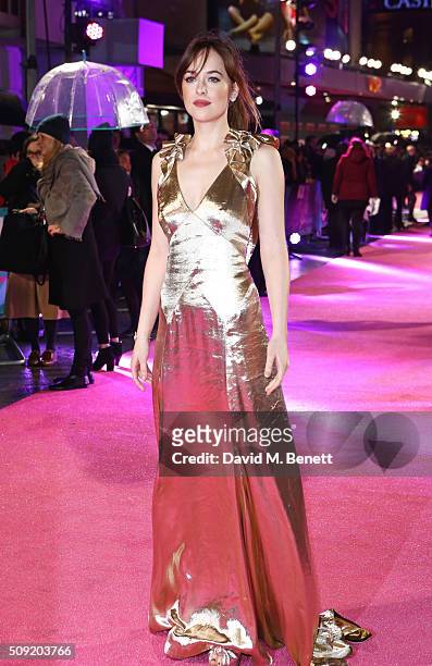 Dakota Johnson attends the UK Premiere of "How To Be Single" at Vue West End on February 9, 2016 in London, England.