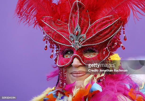 Member of the Mondo Kayo Social and Marching Club parades down St. Charles Avenue during Mardi Gras day on February 9, 2016 in New Orleans,...