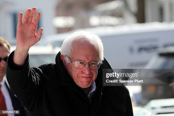 Democratic presidential candidate Bernie Sanders walks through downtown Concord on election day on February 9, 2016 in Concord, New Hampshire....