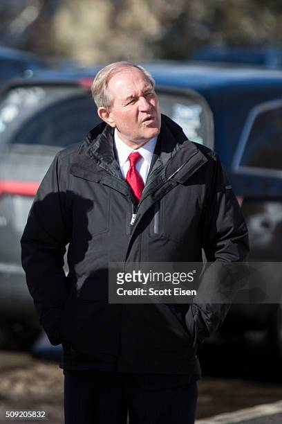 Republican presidential candidate Jim Gilmore outside the polling place at Webster School on primary day February 9, 2016 in Manchester, New...