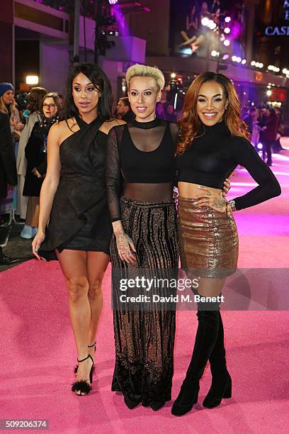 Alexandra Buggs, Courtney Rumbold and Karis Anderson of Stooshe attend the UK Premiere of "How To Be Single" at Vue West End on February 9, 2016 in...