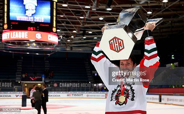 Joel Lundqvist of Gothenburg lifts the trophy after winning the Champions Hockey League final game between Karpat Oulu and Frolunda Gothenburg at...