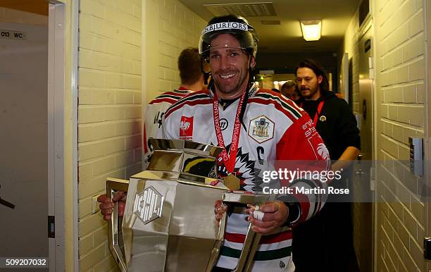 Joel Lundqvist of Gothenburg carries the trophy after winning the Champions Hockey League final game between Karpat Oulu and Frolunda Gothenburg at...