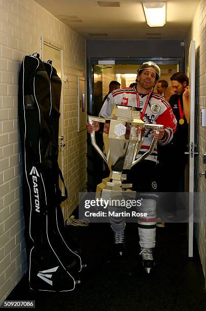 Joel Lundqvist of Gothenburg carries the trophy after winning the Champions Hockey League final game between Karpat Oulu and Frolunda Gothenburg at...