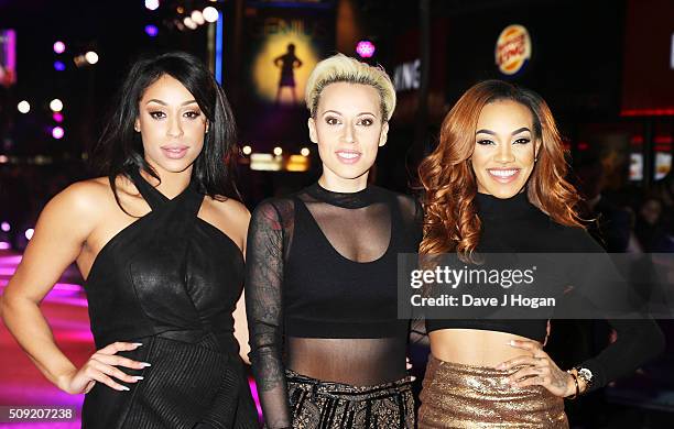 Alexandra Buggs, Courtney Rumbold and Karis Anderson of Stooshe attend the UK Premiere of "How To Be Single" at Vue West End on February 9, 2016 in...