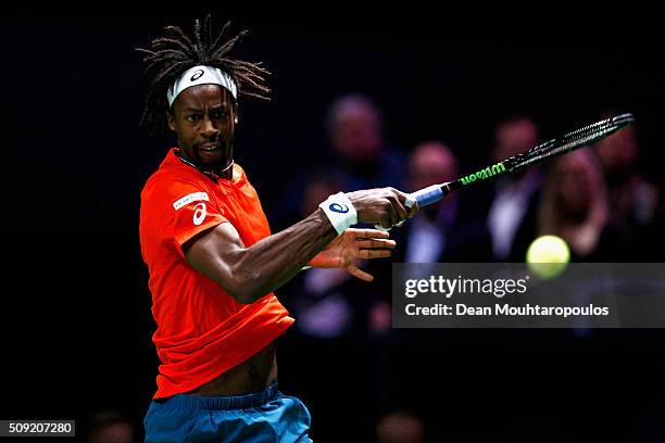 Gael Monfils of France in action against Ernests Gulbis of Latvia during day 2 of the ABN AMRO World Tennis Tournament held at Ahoy Rotterdam on...