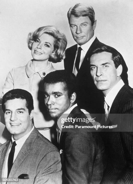 Promotional portait of the cast of the television series, 'Mission Impossible,' circa 1967. Left to right, Peter Lupus, Barbara Bain, Greg Morris ,...