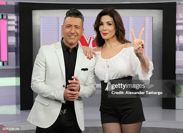 Jorge Bernal and Patricia Manterola are seen on the set of "Suelta La Sopa" to announce that she will be the new host of "La Voz Kids" on Telemundo...