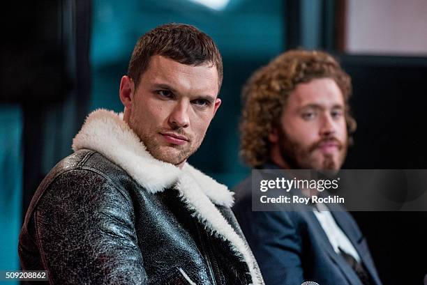 Ed Skrein discusses the new film "Deadpool" with Ryan Reynolds, TJ Miller and Morena Baccarin at AOL Studios In New York on February 9, 2016 in New...