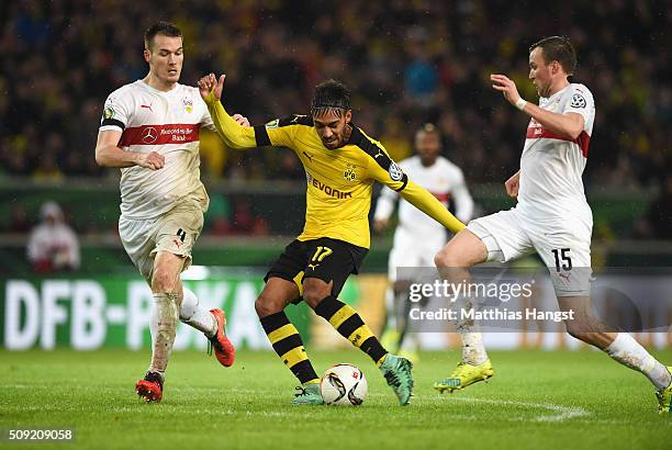 Pierre-Emerick Aubameyang of Borussia Dortmund scores their second goal during the DFB Cup Quarter Final match between VfB Stuttgart and Borussia...