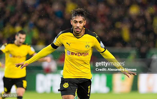 Pierre-Emerick Aubameyang of Borussia Dortmund celebrates scoring the goal to the 1:2 during the DFB Cup match between VfB Stuttgart and Borussia...