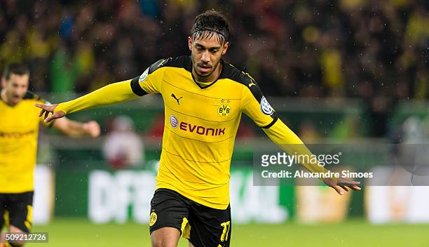 Pierre-Emerick Aubameyang of Borussia Dortmund celebrates scoring the goal to the 1:2 during the DFB Cup match between VfB Stuttgart and Borussia...