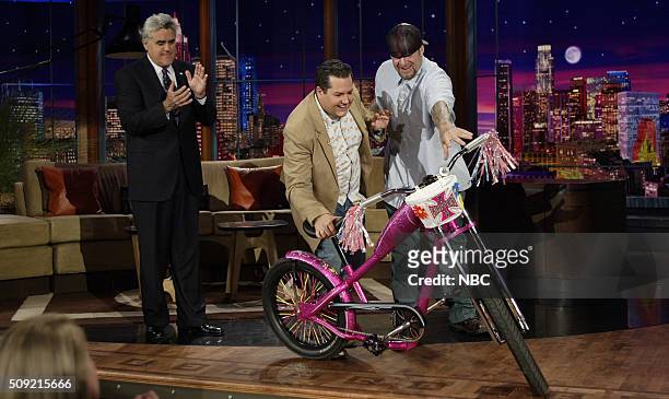 Episode 2948 -- Pictured: Host Jay Leno, TV personality Ross Mathews, and TV personality Jesse James on June 9, 2005 --