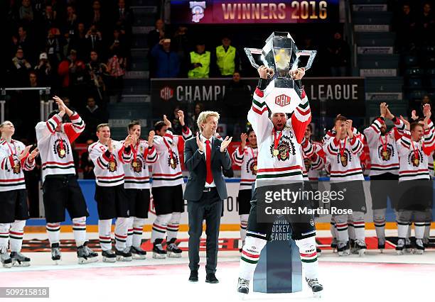 Joel Lundqvist of Gothenburg lifts the trophy after winning the Champions Hockey League final game between Karpat Oulu and Frolunda Gothenburg at...