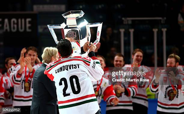 Joel Lundqvist of Gothenburg lifts the trophy after winning the Champions Hockey League final game between Karpat Oulu and Frolunda Gothenburg at...