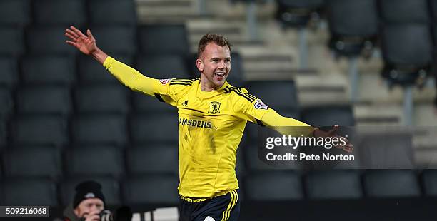 Jordan Rhodes of Middlesbrough celebrates after scoring his sides goal during the Sky Bet Championship match between Milton Keynes Dons and...