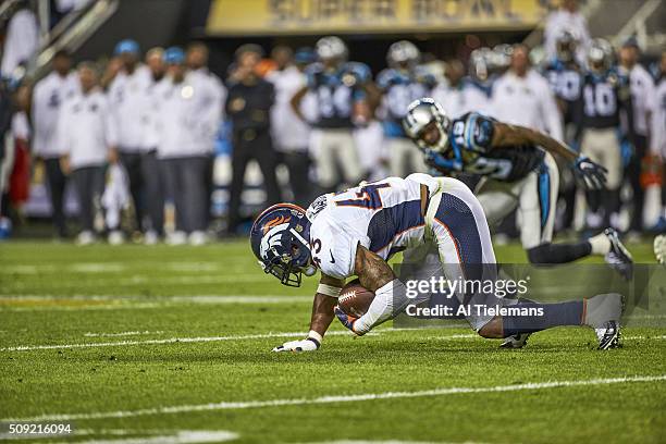 Super Bowl 50: Denver Broncos T.J. Ward in action, making catch for interception off the hands of Carolina Panthers Ted Ginn Jr. During 3rd quarter...