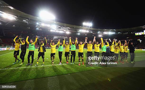 Borussia Dortmund celebrate victory after the DFB Cup Quarter Final match between VfB Stuttgart and Borussia Dortmund at Mercedes-Benz Arena on...