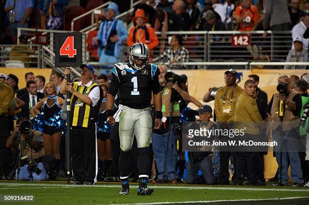 Super Bowl 50: Carolina Panthers QB Cam Newton on field with shoulder pad exposed during game vs Denver Broncos at Levi's Stadium. Santa Clara, CA...