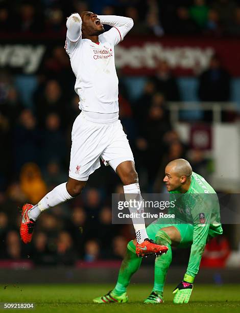 Christian Benteke of Liverpool reacts as he foiled by goalkeeper Darren Randolph of West Ham United during the Emirates FA Cup Fourth Round Replay...
