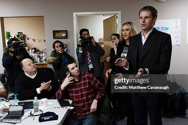 Eric Trump , son of republican presidential candidate Donald Trump, along with wife Lara, thanks volunteers as they make phone calls to New Hampshire...