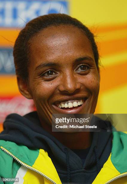 Double Olympic 10,000M Champion Derartu Tulu of Ethiopia speaks to the media at a press conference on the eve of the IAAF World Cross Country...