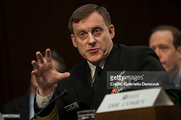 National Security Agency Director Adm. Michael Rogers testifies before the Senate Intelligence Committee at the Hart Senate Building on February 9,...