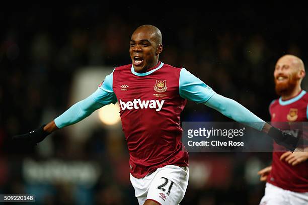 Angelo Ogbonna Obinza of West Ham United celebrates as he scores their second goal during the Emirates FA Cup Fourth Round Replay match between West...