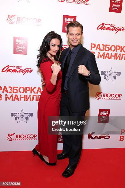 Casper Van Dien and Jennifer Wenger attend 'Showdown in Manila' premiere in October cinema hall on February 9, 2016 in Moscow, Russia.