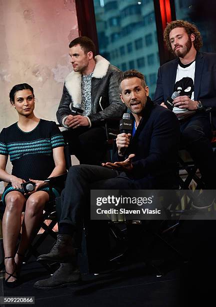 Actors Morena Baccarin, Ed Skrein, Ryan Reynolds and TJ Miller visit AOL Build Speaker Series to discuss their new film "Deadpool" at AOL Studios In...