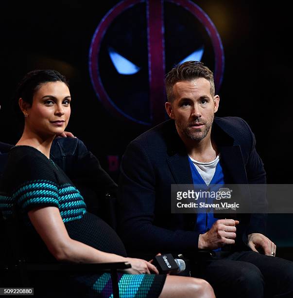 Actors Morena Baccarin and Ryan Reynolds visit AOL Build Speaker Series to discuss their new film "Deadpool" at AOL Studios In New York on February...