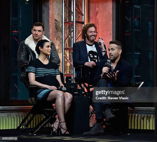 Actors Ed Skrein, Morena Baccarin, Ryan Reynolds and TJ Miller visit AOL Build Speaker Series to discuss their new film "Deadpool" at AOL Studios In...