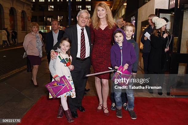 John Bercow, wife Sally Bercow and their children attend the Press night for "Cirque Berserk!" at The Peacock Theatre on February 9, 2016 in London,...