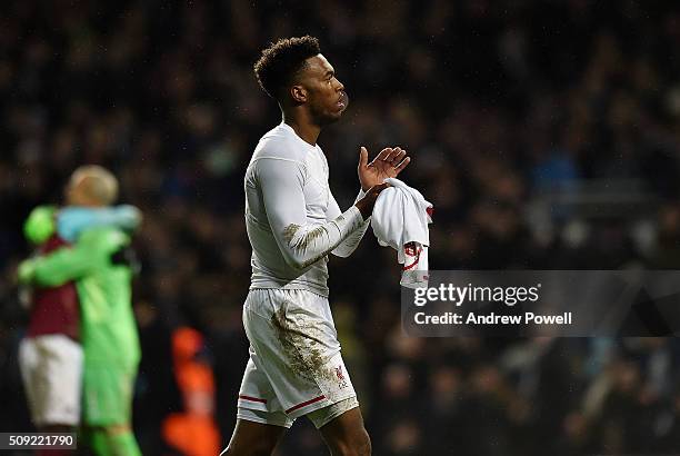 Daniel Sturridge of Liverpool shows his appreciation to the fans at the end of The Emirates FA Cup Fourth Round Replay match between West Ham United...