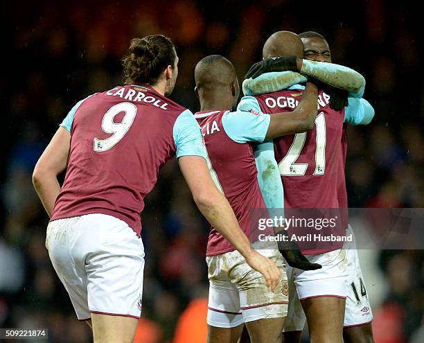 Angelo Ogbonna of West Ham United celebrates scoring the winning goal during the Emirates FA Cup Fourth Round Replay between West Ham United and...