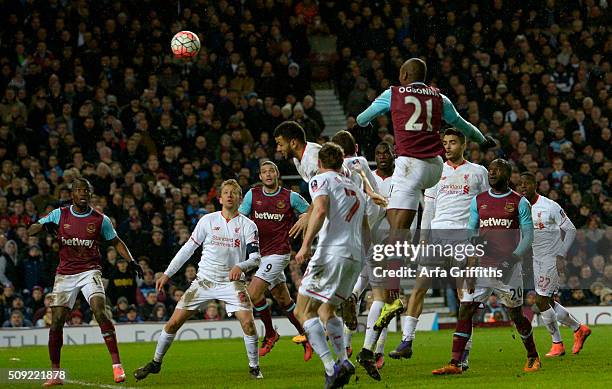 Angelo Ogbonna of West Ham United scores the winning goal the winning goal during the Emirates FA Cup Fourth Round Replay between West Ham United and...