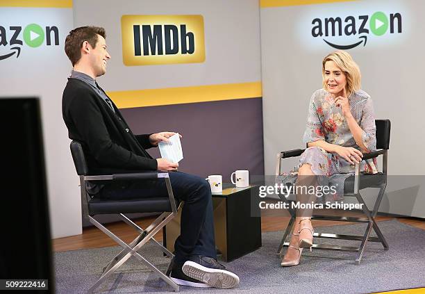 IMDb Asks host Ben Lyons speaks with actress Sarah Paulson on IMDb Asks on February 9, 2016 in New York City.