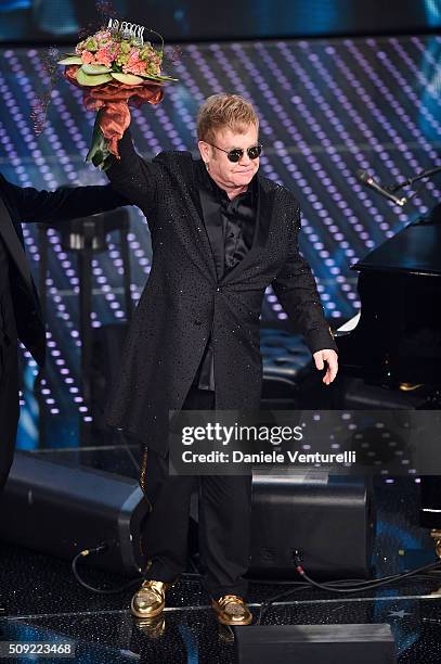 Elton John attends the opening night of the 66th Festival di Sanremo 2016 at Teatro Ariston on February 9, 2016 in Sanremo, Italy.