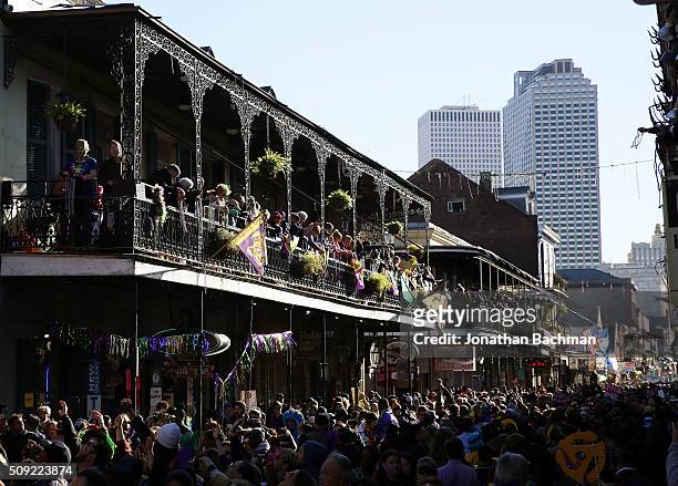 Revelers pack Bourbon Street during Mardi Gras day on February 9, 2016 in New Orleans, Louisiana. Fat Tuesday, or Mardi Gras in French, is a...