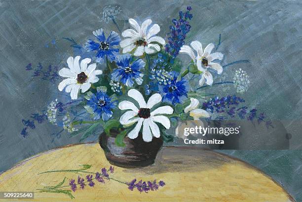 white, blue wild flowers , acrylic painting - table texture stock illustrations