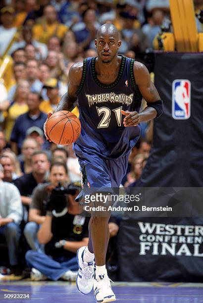 Kevin Garnett of the Minnesota Timberwolves advances the ball up court in Game Six of the Western Conference Finals against the Los Angeles Lakers...